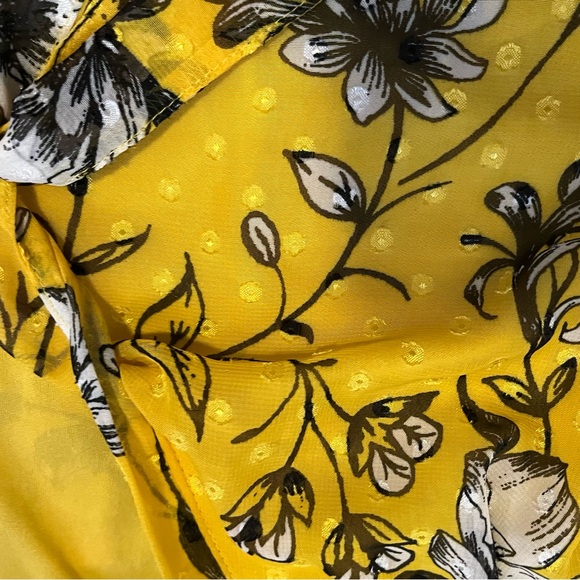 Retrology retro floral yellow blouse Women PL rushed short sleeves V- neck bow - Picture 14 of 16